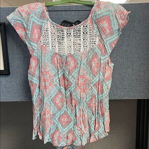 No Boundaries Coral and Aqua Crochet Yoke Cap Sleeve Blouse